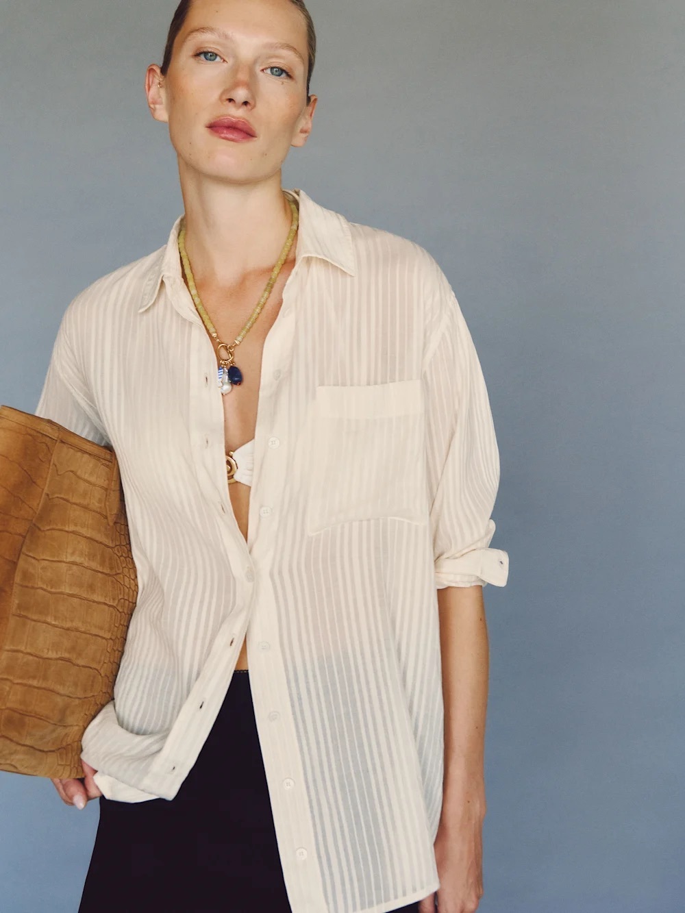 Reformation Eli Shirt Sheer Cream Striped Button-Down Shirt